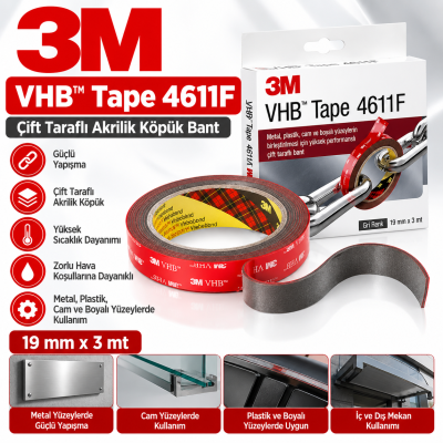 3M 4611F VHB Yüksek Isı Dayanımlı Çift Taraflı Bant 19mm*3mt