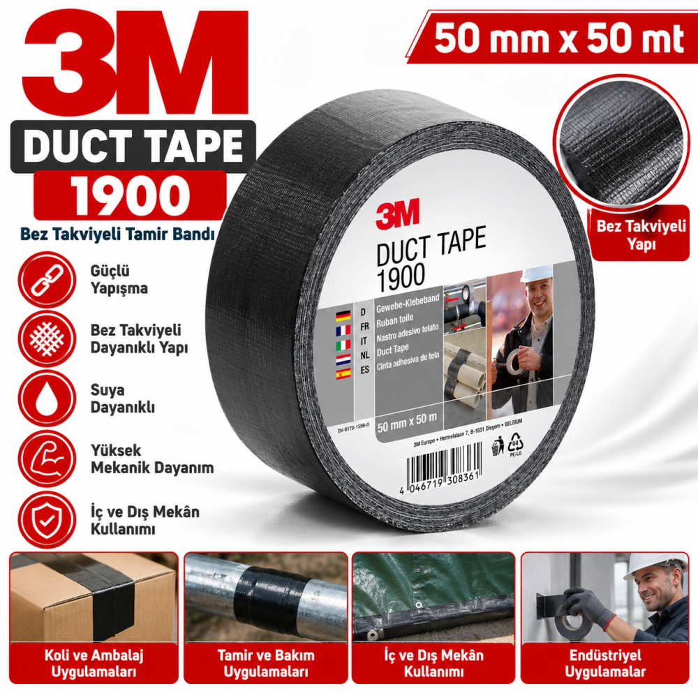 3M 1900 Bez Bant (Duct Tape) Siyah Renk 50mm*50mt