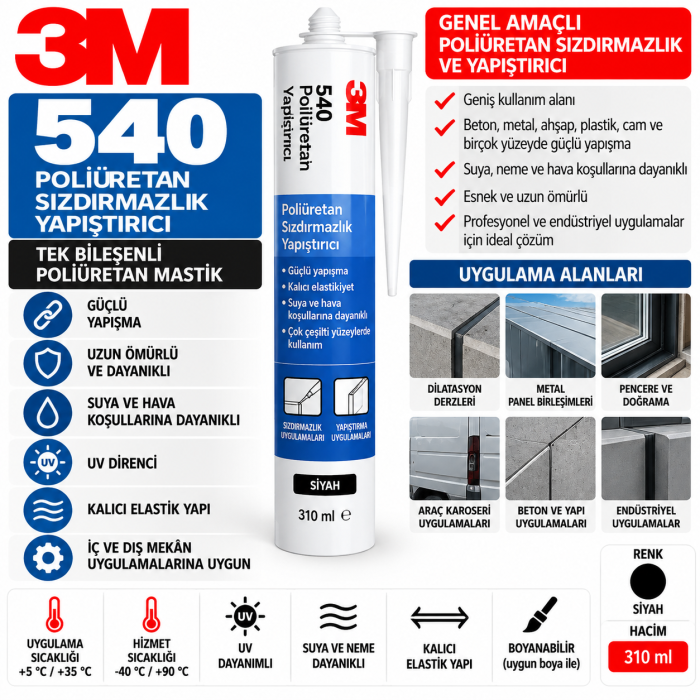 3M 540 Poliüretan Sızdırmazlık Yapıştırıcı - Siyah - 310 Ml