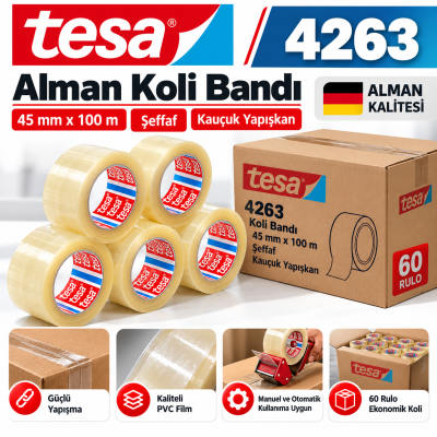 Tesa Alman Koli Bandı 45X100 Şeffaf Kauçuk 4263 60lı Koli