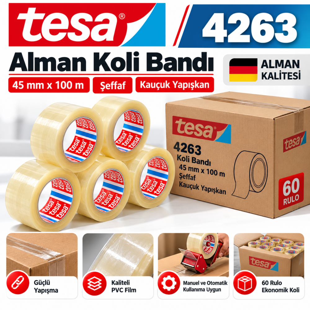 Tesa Alman Koli Bandı 45X100 Şeffaf Kauçuk 4263 60lı Koli