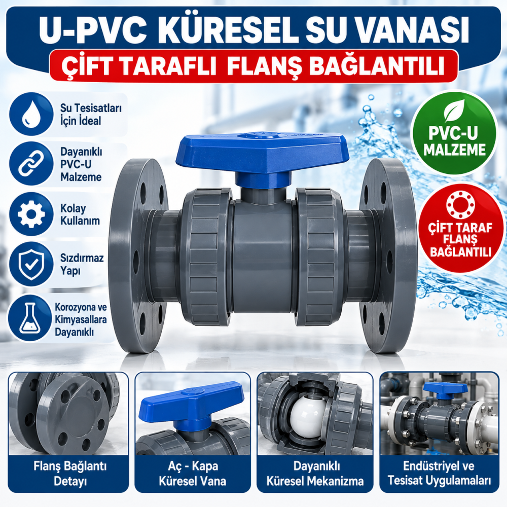 U-Pvc Küresel Su Vanası Çift Taraf Flanş Bağlantılı
