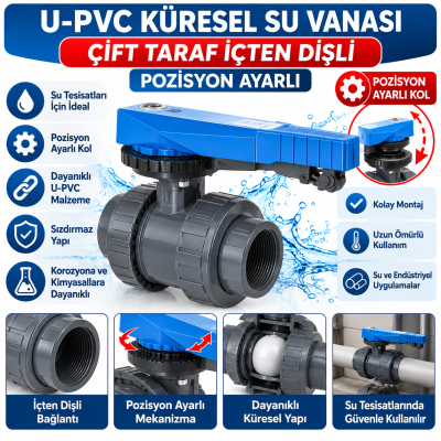 U-Pvc Küresel Su Vanası Çift Taraf İçten Dişli Pozisyon Ayarlı