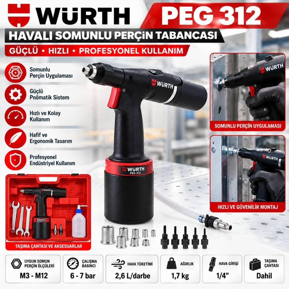 Würth Havalı somunlu perçin tabancası PEG 312