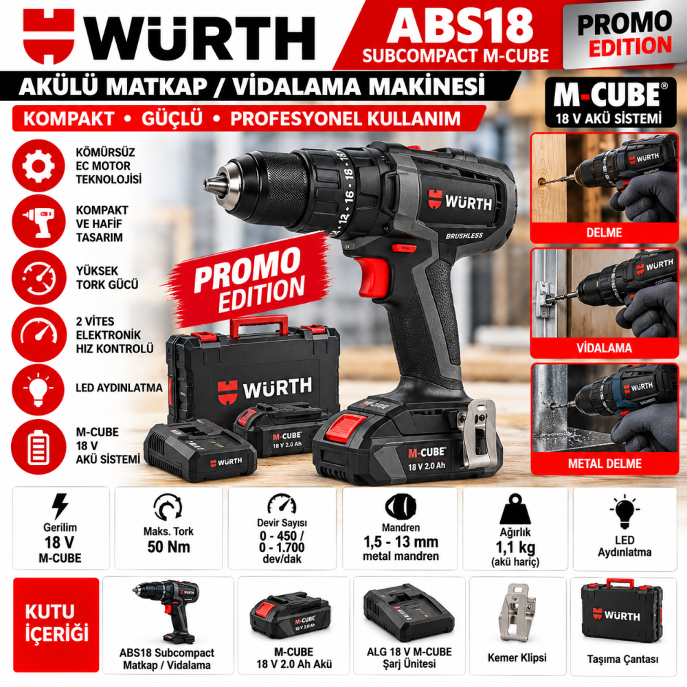 WÜRTH ABS18 SUBCOMPACT M-CUBE akülü matkap PROMO EDITION