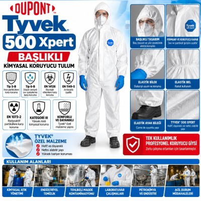 Dupont Tyvek 500 Xpert Başlıklı Kimyasal Koruyucu Tulum