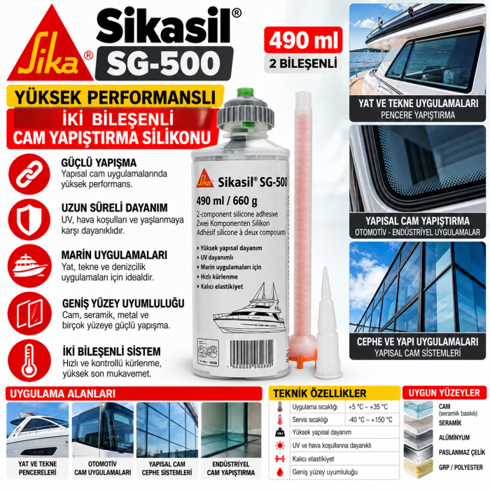 Sikasil SG-500 Yüksek Performanslı İki Bileşenli Cam Yapıştırma Silikonu 490 ml 1 Koli8 adet