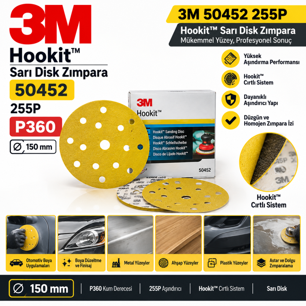 3m 50452 255P Hookit P360 Sarı Disk Zımpara 150MM