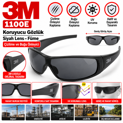 3m 1100E Siyah Lens Füme Çızılme ve Buğu Önleyıcı Gözlük