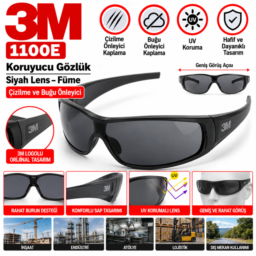 3m 1100E Siyah Lens Füme Çızılme ve Buğu Önleyıcı Gözlük