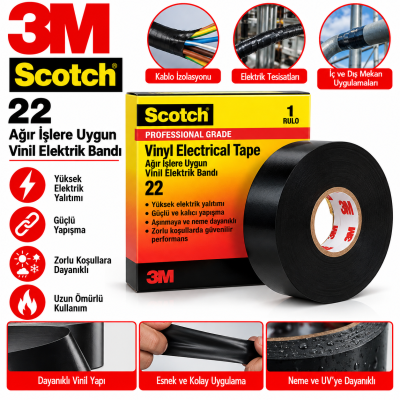 3m Scotch  22 Ağır Işlere Uygun Vinil Elektrik Bandı