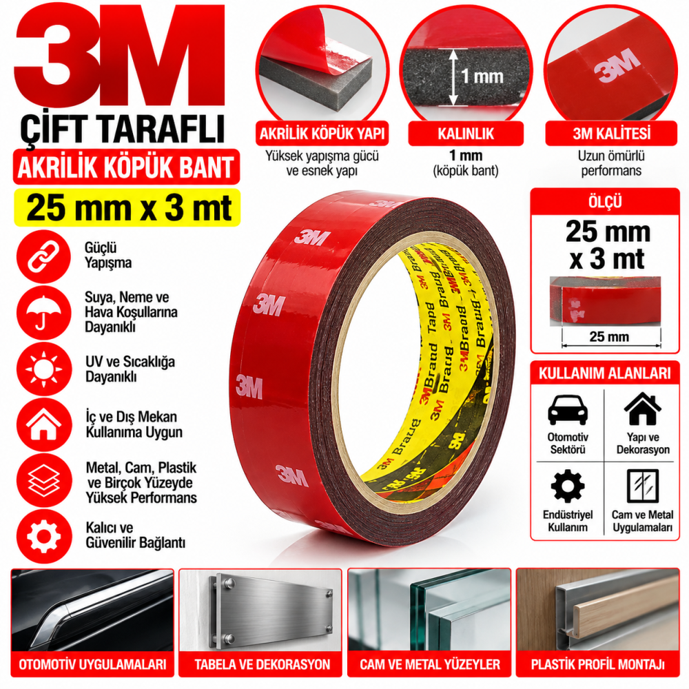 3M Çift Taraflı Akrilik Köpük Bant 25mmx3mt