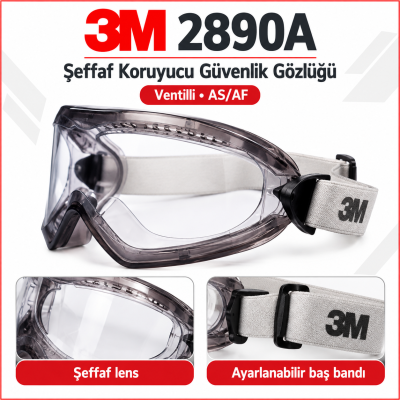 3M 2890A Şeffaf Google Ventilli ASAF Kimyasal Koruyucu Güvenlik Gözlüğü