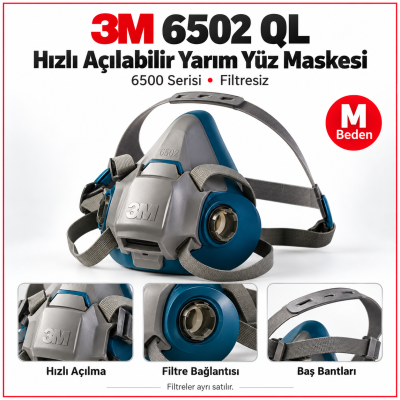 3M 6502 QL Hızlı Açılabilir 6500 Serisi Yarım Yüz Maskesi Filtresiz