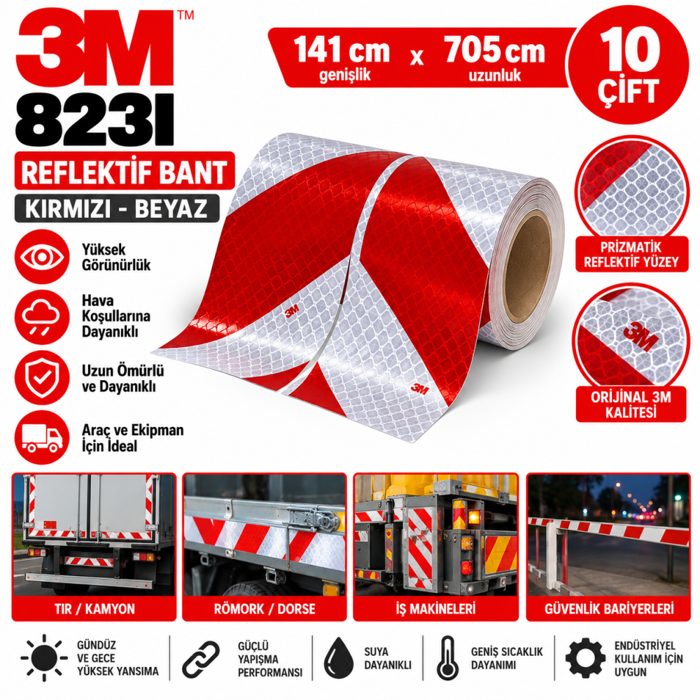 3m 823I Kırmızı Beyaz Reflektif Bant 141 cm x 705 cm 10 Çift