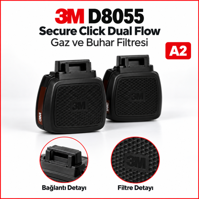 3M D8055 Secure Click Dual Flow A2 Gaz ve Buhar Filtresi