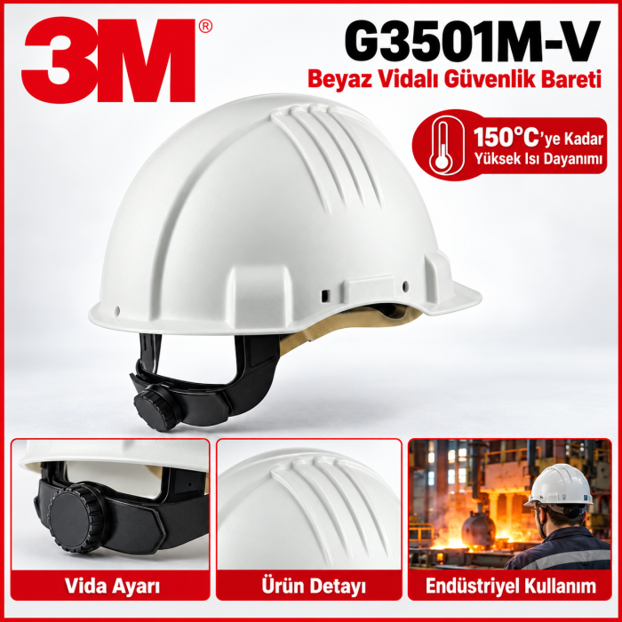 3M G3501M-V Beyaz Vidalı 150 C ye Kadar Yüksek Isıya Dayanıklı Baret