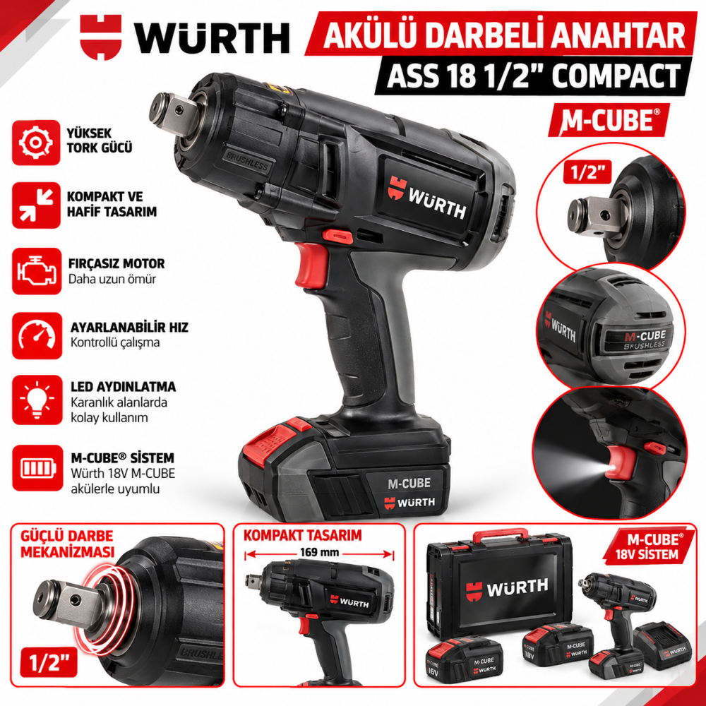 Würth  Akülü darbeli anahtar ASS 18 12 inç COMPACT M-CUBE
